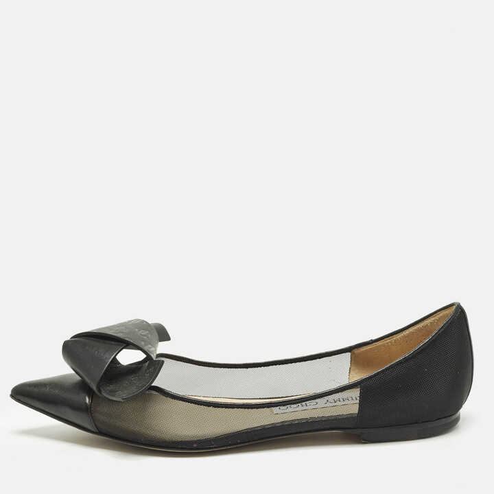 Jimmy Choo Size 36 Black Leather Mesh Bow Ballet Flats