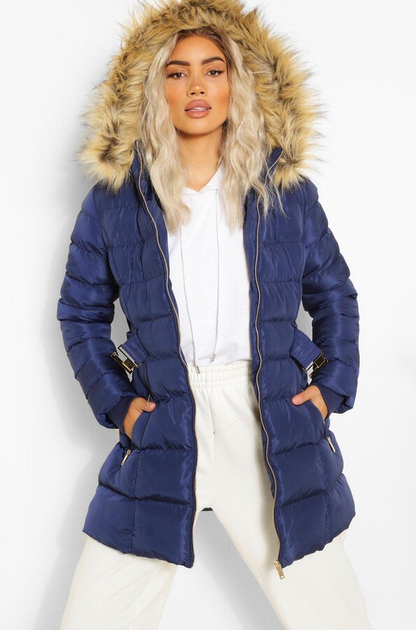 Boohoo Faux Fur Trim Hooded Belted, Navy Blue Puffer Coat With Fur Hood