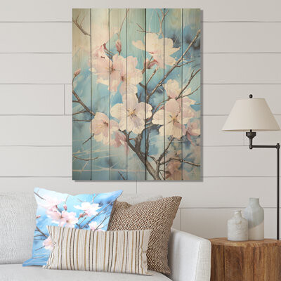 Winston Porter White And Blue Cherry Blossoms Flow III - Tree Cherry Blossom On Wood Print