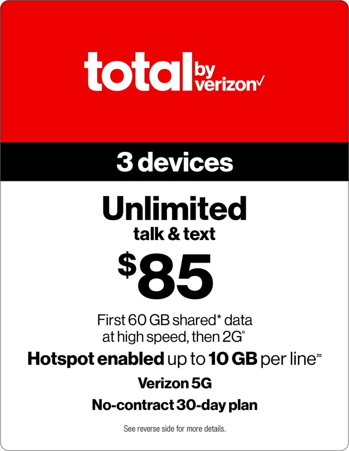 Total by Verizon (formerly Total Wireless) $85 Unlimited 30-Day 3 Lines Prepaid Plan (60GB Shared Data at High Speeds, then 2G) + 10GB of Mobile Hotspot Per Line Direct Top Up
