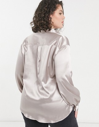 In The Style Plus exclusive satin oversized shirt in mushroom