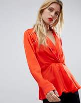 Thumbnail for your product : ASOS Design DESIGN plunge knot front satin long sleeve top