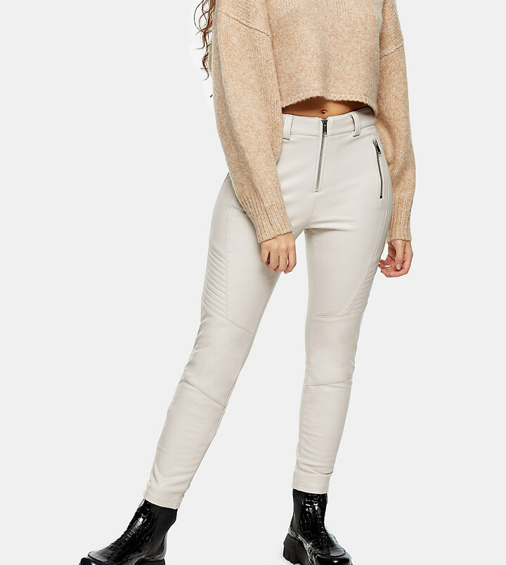 Topshop Petite faux leather biker trousers in cream - ShopStyle