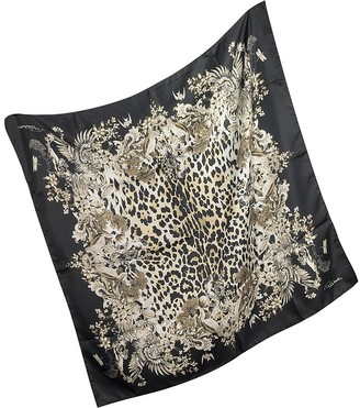Roberto Cavalli Natural Black Pattern and Leopard Print Silk Square Scarf