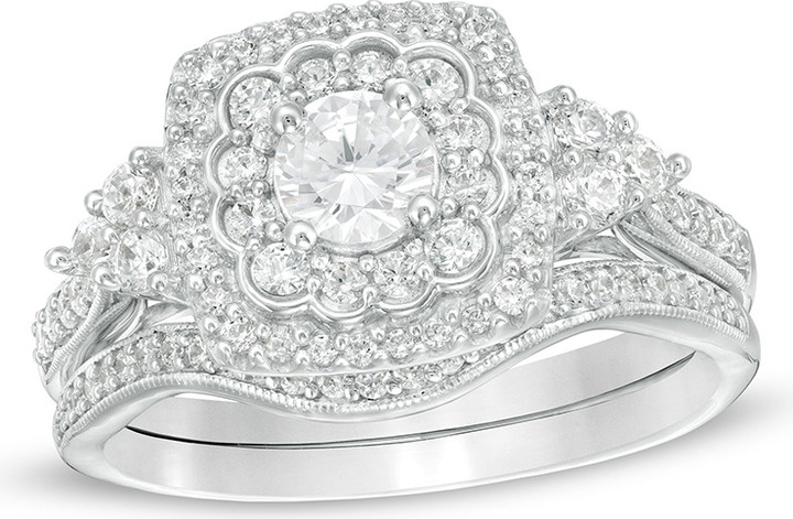 Zales 1 CT. T.w. Diamond Cushion Frame Tri-Sides Vintage-Style Bridal Set in 10K White Gold