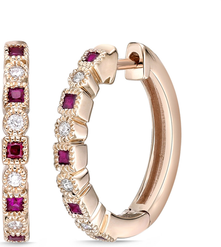 Zales Princess-Cut Ruby and 1/15 CT. T.w. Diamond Alternating Vintage-Style Hoop Earrings in 10K Rose Gold