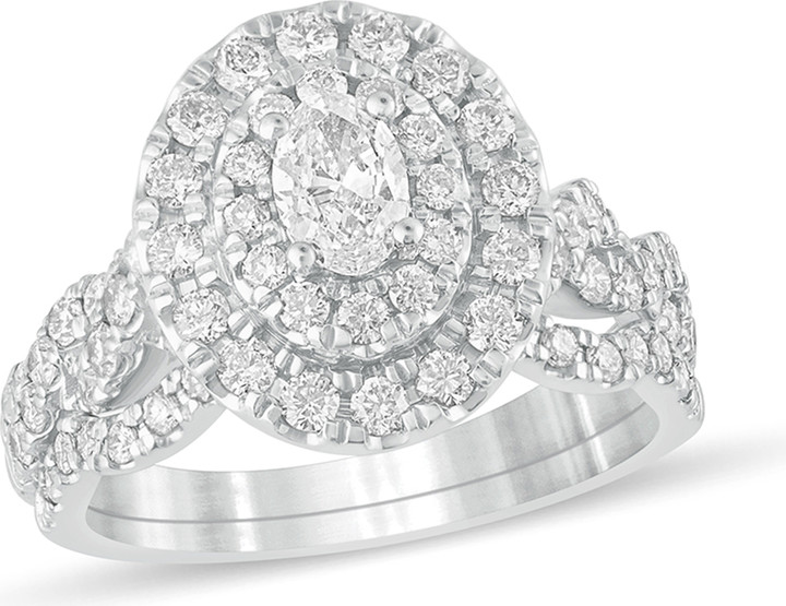 Zales 1-1/2 CT. T.w. Oval Diamond Double Frame Multi-Row Bridal Set in 10K White Gold