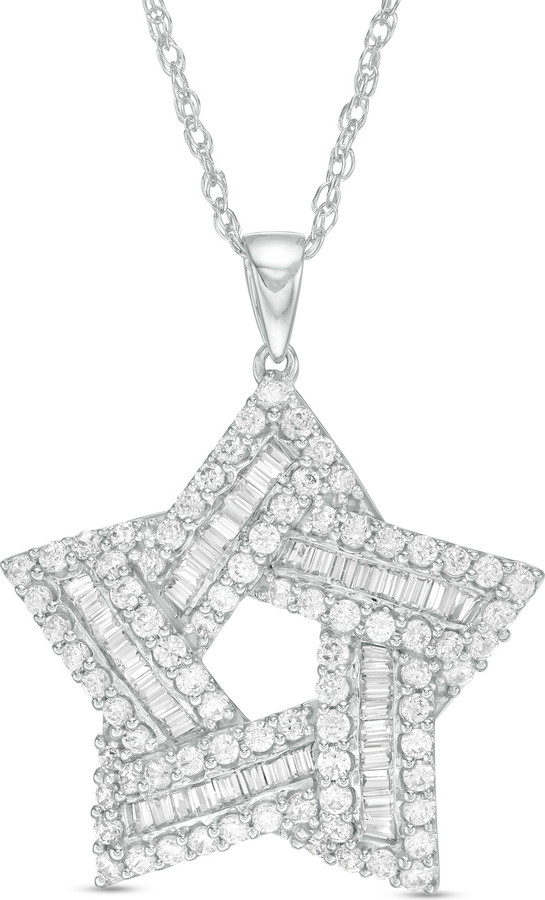 Zales 1-1/2 CT. T.w. Baguette and Round Diamond Star Pendant in 10K White Gold