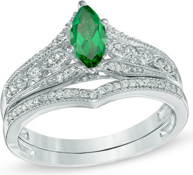 Zales Marquise Lab-Created Emerald and 1/5 CT. T.w. Diamond Vintage-Style Bridal Set in 10K White Gold