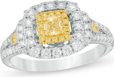 Zales 1-1/4 CT. T.w. Cushion-Cut Yellow and White Diamond Double Frame Collar Engagement Ring in 14K Two Tone Gold - Size 7