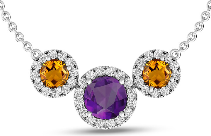 Zales Amethyst Citrine and White Topaz Frame Three Stone Necklace in Sterling Silver