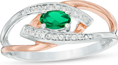 Zales Oval Lab-Created Emerald and Diamond Accent Split Shank Ring in Sterling Silver and 10K Rose Gold