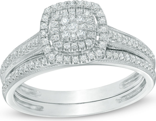 Zales 1/3 CT. T.w. Composite Diamond Double Square Frame Vintage-Style Bridal Set in 10K White Gold