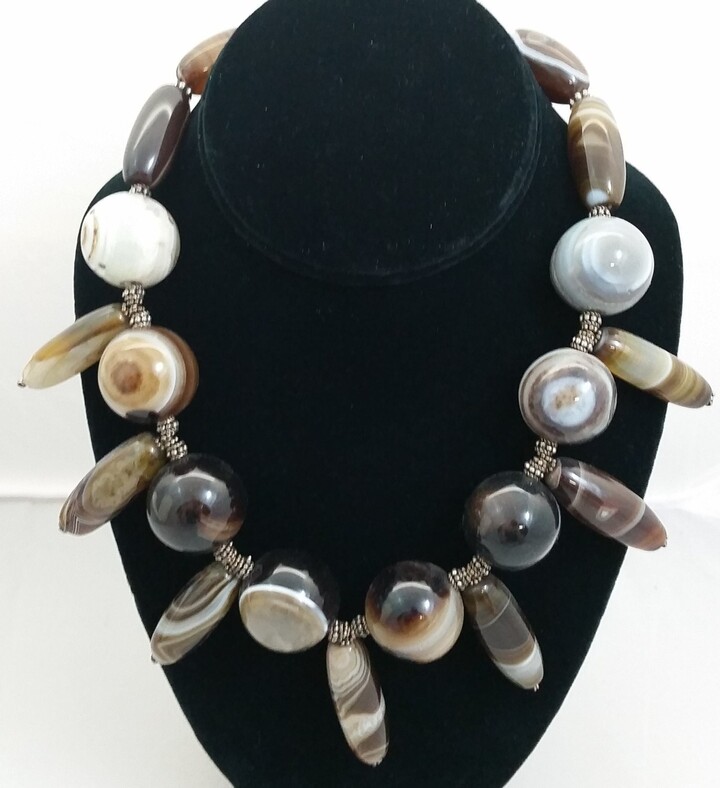 Etsy Handmade Agate Bead Necklace with Large Round Stones, Pendants & Sterling Silver Beads & Clasp