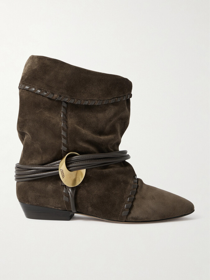 Isabel Marant Sellen Embellished Whipstitched Leather-trimmed Suede Ankle Boots - Brown
