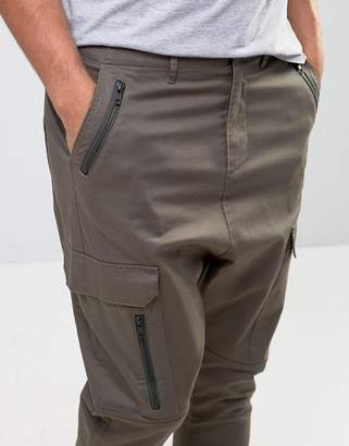 ASOS Drop Crotch Cargo Pants With Zip Details In Khaki