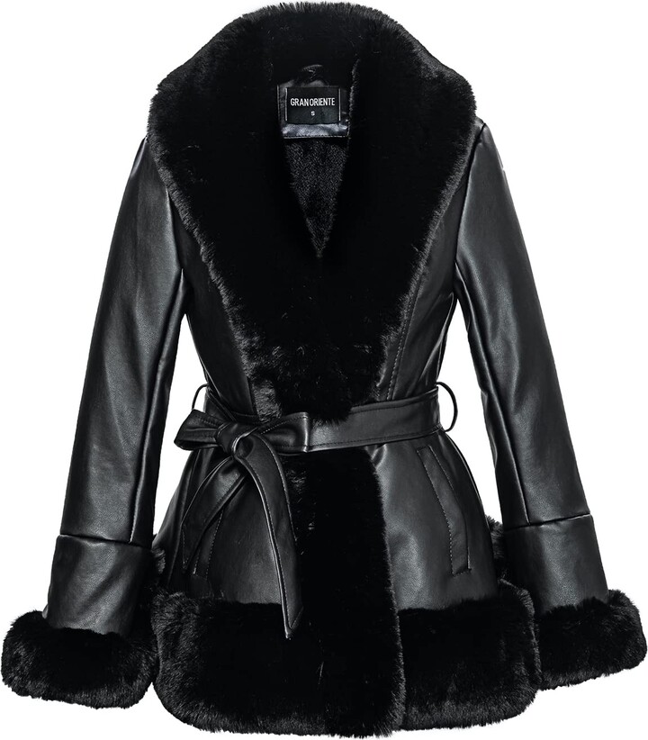 GRAN ORIENTE Women's Faux Leather Jacket with Faux Fur Collar Long ...