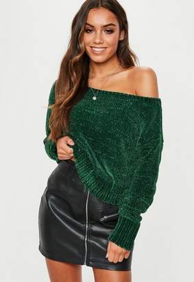 Missguided Green Chenille Off Shoulder Knitted Jumper, Khaki