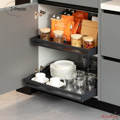 Basicwise Expandable Large Deep Drawer Organizer Adjustable Pull-out Cabinet Storage Tray For Kitchen Organization Ideal For Cookware Dinnerware Food