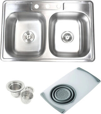 eModern Decor Topmount Drop-in Stainless Steel 33-1/8 In. X 22 In. X 9 In. 3 Faucet Hole 50/50 Double Bowl Kitchen Sink W Cutting Board Colander & Strainer