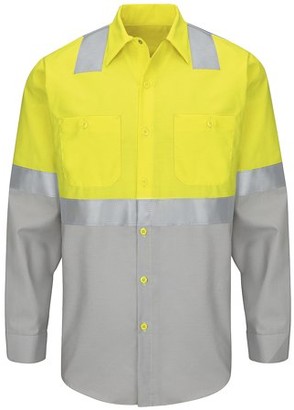 Red Kap Enhanced & Hi-Visibility Long Sleeve Work Shirt - Long Sizes SY14L Fluorescent Yellow/ Green/ Grey XLT