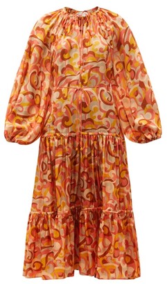 Zimmermann Mae Tiered Swirl-print Silk Midi Dress - Orange Print