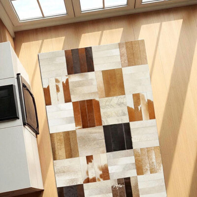 Everly Quinn Multicolor Cowhide Patchwork Rug, Modern Checkered Leather Area Rug