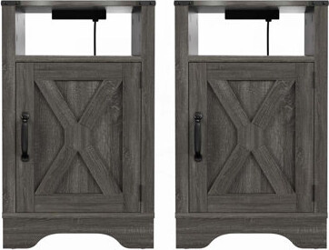 Farmhouse Side Table, Wooden Rustic End Table, Side Table with Electrical Outlets Charging Station (2 Sets) - Dark Gray
