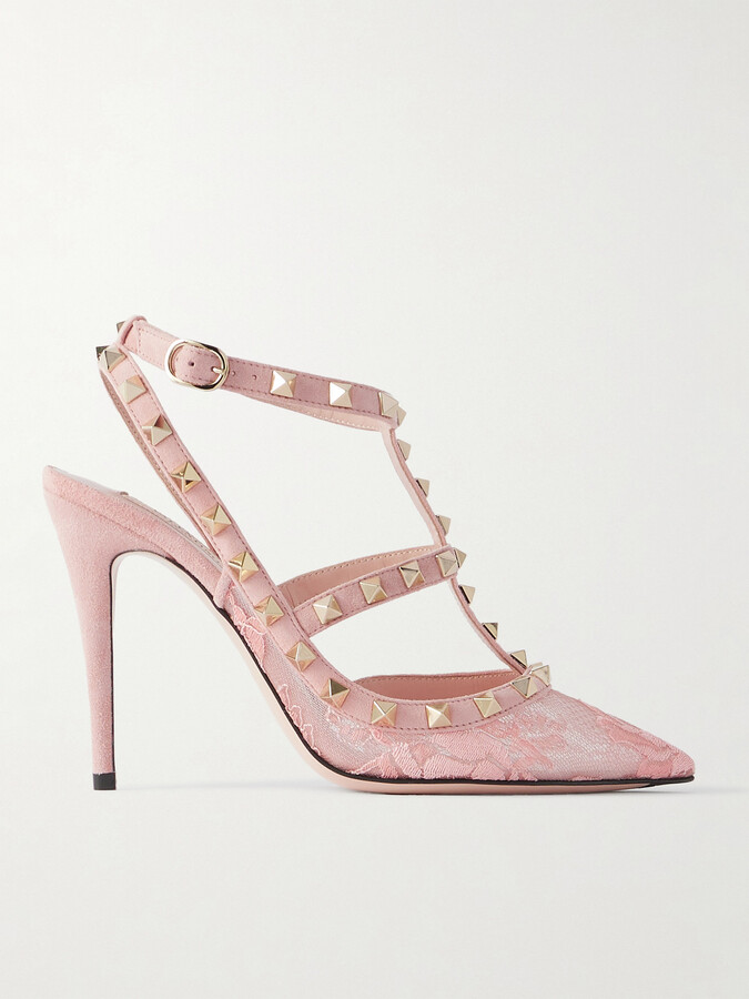 Valentino Garavani Rockstud 100 Suede-trimmed Lace Pumps - Orange