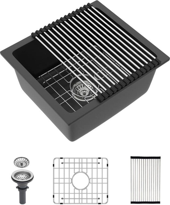 Afhocomp 18 in. Undermount Single Bowl Black Quartz Kitchen Sink with Bottom Grids, Drain Board