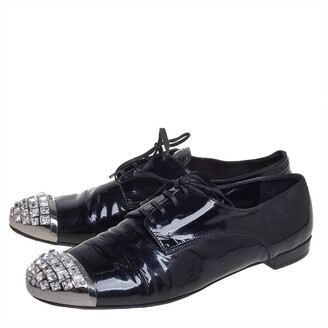 Miu Miu Black Patent Leather Crystal Embellished Cap Toe Oxfords Size 40
