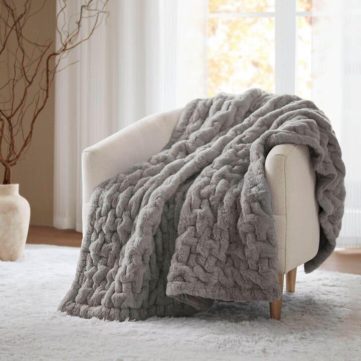 Madison Home USA Ruched Fur Grey Polyester Throw Blanket