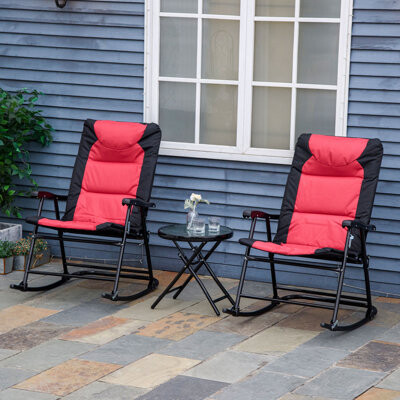 3 Piece Outdoor Patio Furniture Set With Glass Coffee Table & 2 Padded Rocking Chairs, Bistro Style For Porch, Camping, Balcony