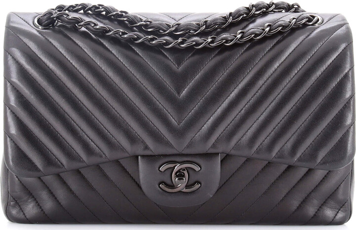 Chanel So Black Classic Double Flap Bag Chevron Lambskin Jumbo
