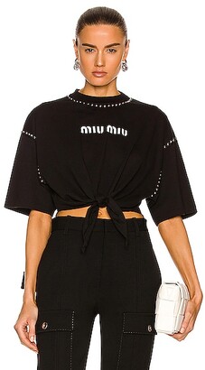 Miu Miu Logo Short Sleeve Tie T-Shirt in Black