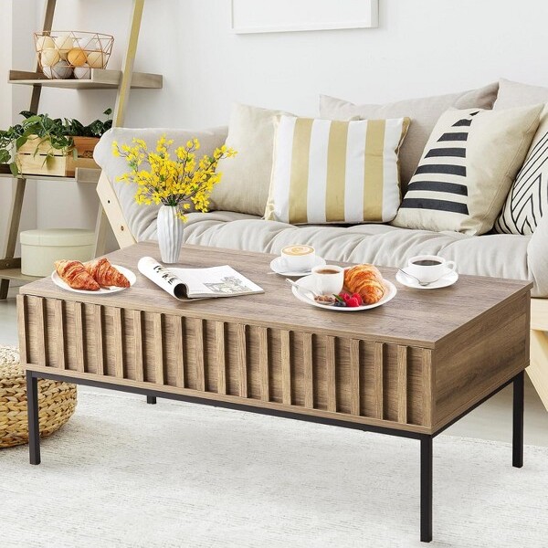 GOCAPTAINLiftTopCoffeeTablewithStorageShelf&HiddenCompartmentFlutedRectangleRusticCenterTableSmallRisingWoodenDiningCenterTable