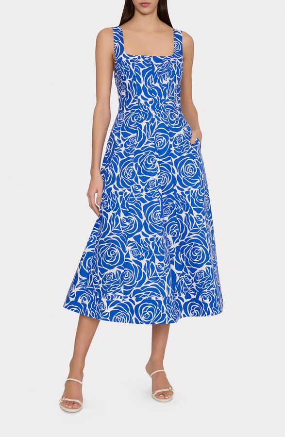 Nia Blue Rose Stretch Cotton Poplin Midi Dress