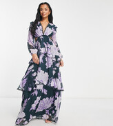 Thumbnail for your product : ASOS Petite ASOS DESIGN Petite maxi dress with long sleeve with circle trim and embellishment in black based lilac floral print