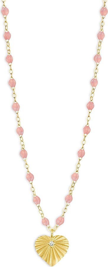Gigi Clozeau 18K Yellow Gold Heart Lumiere Diamond & Pink Bead Sunray Heart Pendant Necklace 16.1-16.5