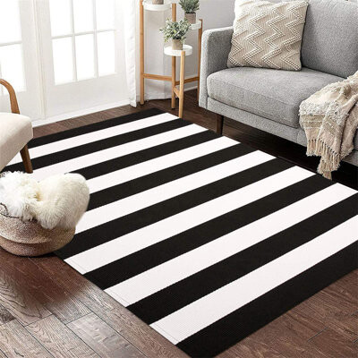 Collive Black and White Outdoor Rug Doormat 24’’ x 35’’ Cotton Woven Porch Rug Outdoor Indoor Rugs Farmhouse Striped Rugs Runner Washable Carpet For Front Kitchen Bathroom Laundry Room 