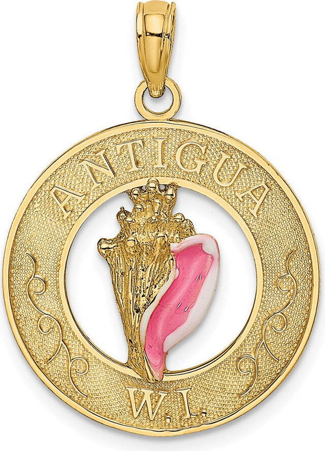 Diamond2Deal 14k Yellow Gold Circle Pink and White Enamel Conch Shell Charm Pendant