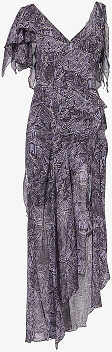 Isabel Marant Womens Faded Night Tylena Printed Ruffle-Trim Silk Midi Dress 10