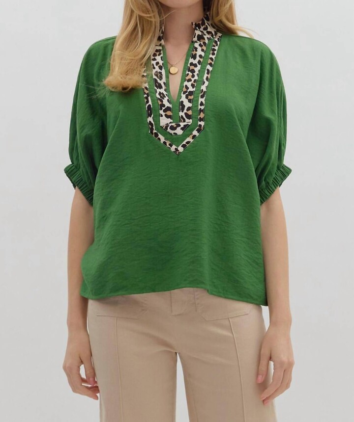 Entro Dolman Sleeve Pullover Top In Fern And Leopard