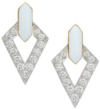 David Webb Motif 18K Yellow Gold, Platinum, Double Diamond & White Enamel Earrings