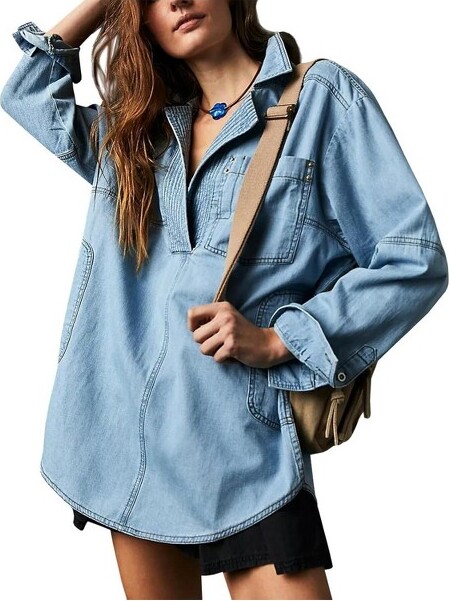 Imily Bela ImilyBelaCasualVNeckDenimShirtJacketLongSleeveWomensWardrobeEssentialBlueM