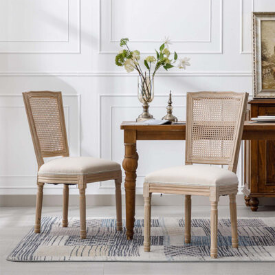 One Allium Way French Style Solid Wood Frame Fabric Square Rattan Back Dining ChairSet of 2