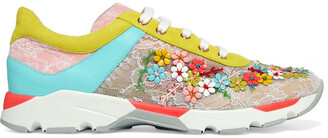 Rene Caovilla Rene' Caovilla Embellished Color-block Lace And Leather Sneakers
