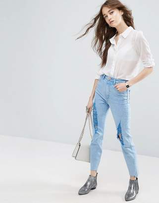 ASOS Design Farleigh High Waist Slim Mom Jeans In Fran Light Mottled Wash With Super Busts And Stepped Hem