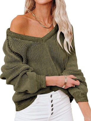 Chriselda Womens Oversized Fall Sweaters Tunic Chunky V Neck Sweater Ribbed Tops  Off Shoulder Knit Pullover Sweater Batwing Long Sleeve Sexy Brown Small -  ShopStyle