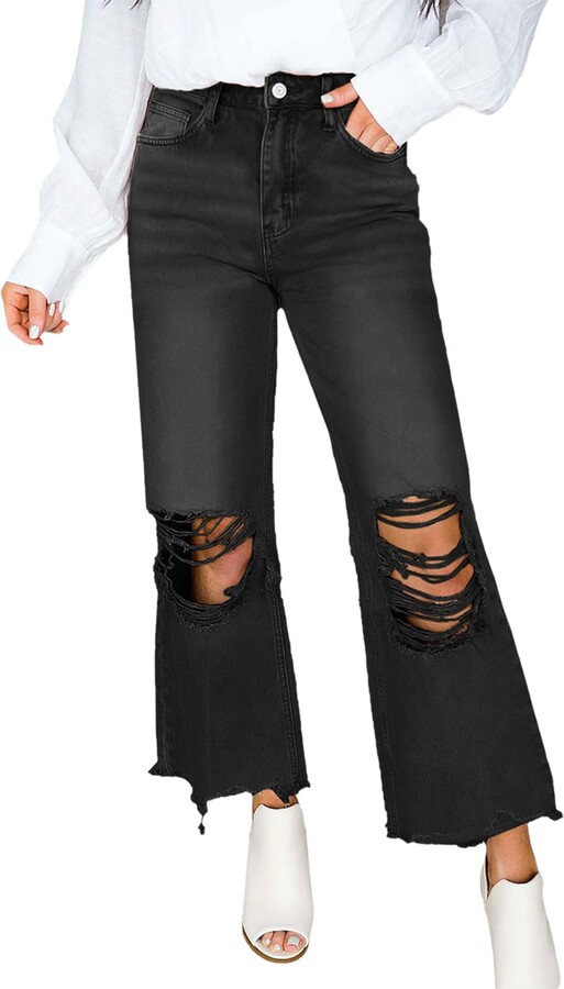 TACSTRUN Women's Ripped Capri Jeans Trendy High Waist Wide Leg